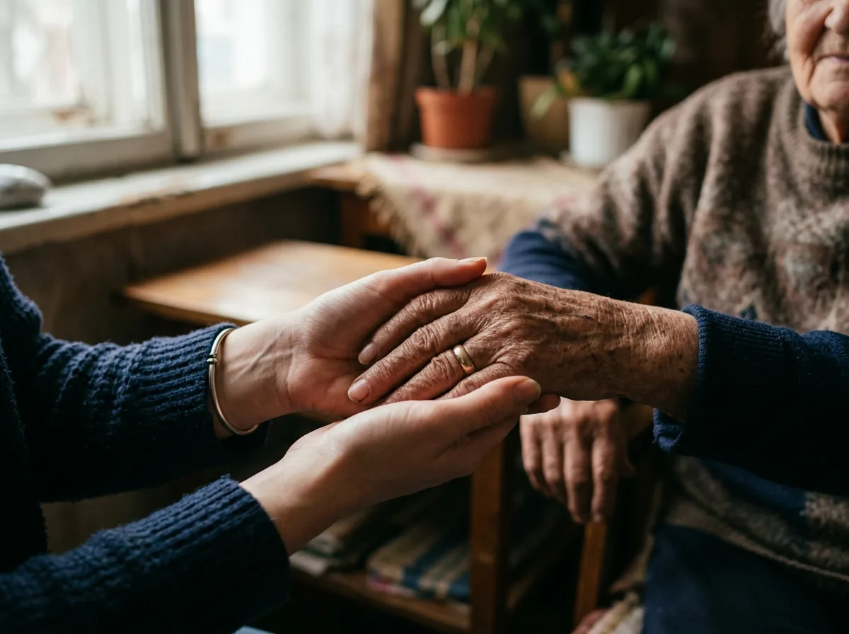 A volunteer holds the hand of an elderly neighbor