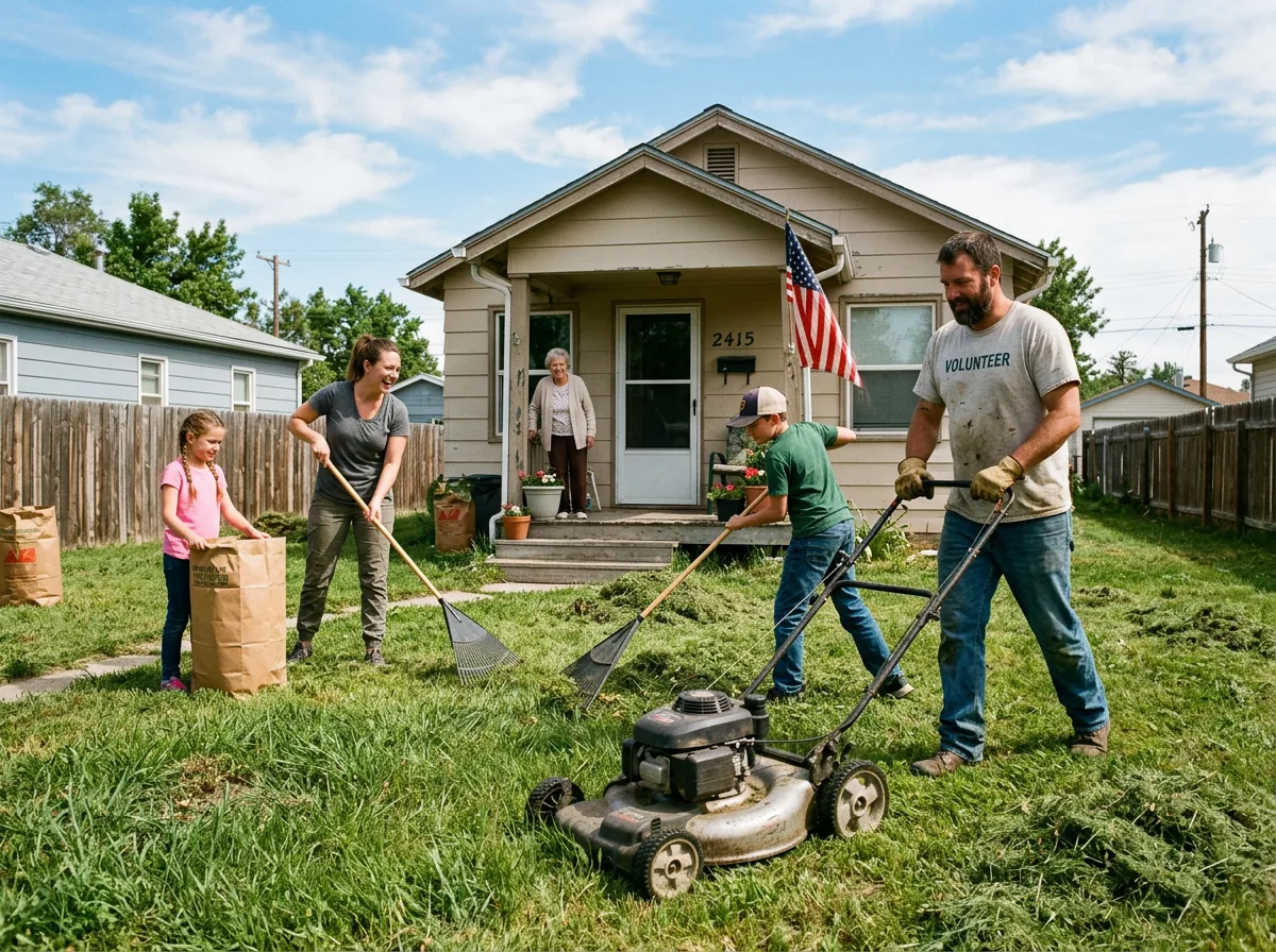 A family of volunteers mowing a lawn